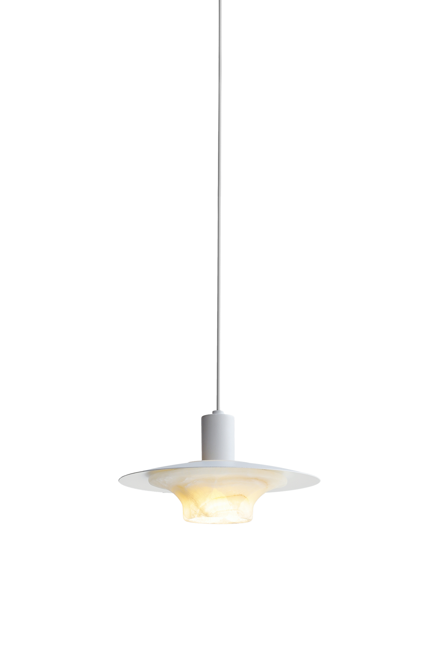 White pendant lamp with compact layered disk shade and slim cord, isolated on transparent background.