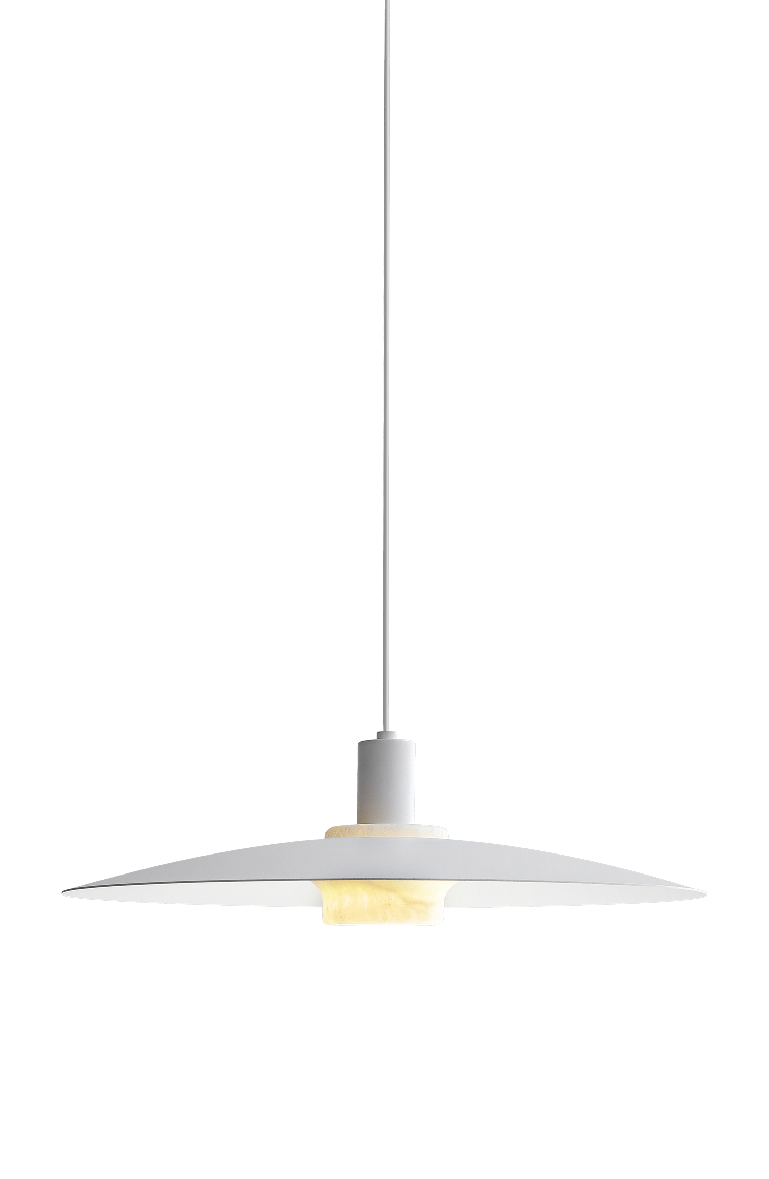White pendant lamp with wide disk shade and slim suspension cord, isolated on transparent background.