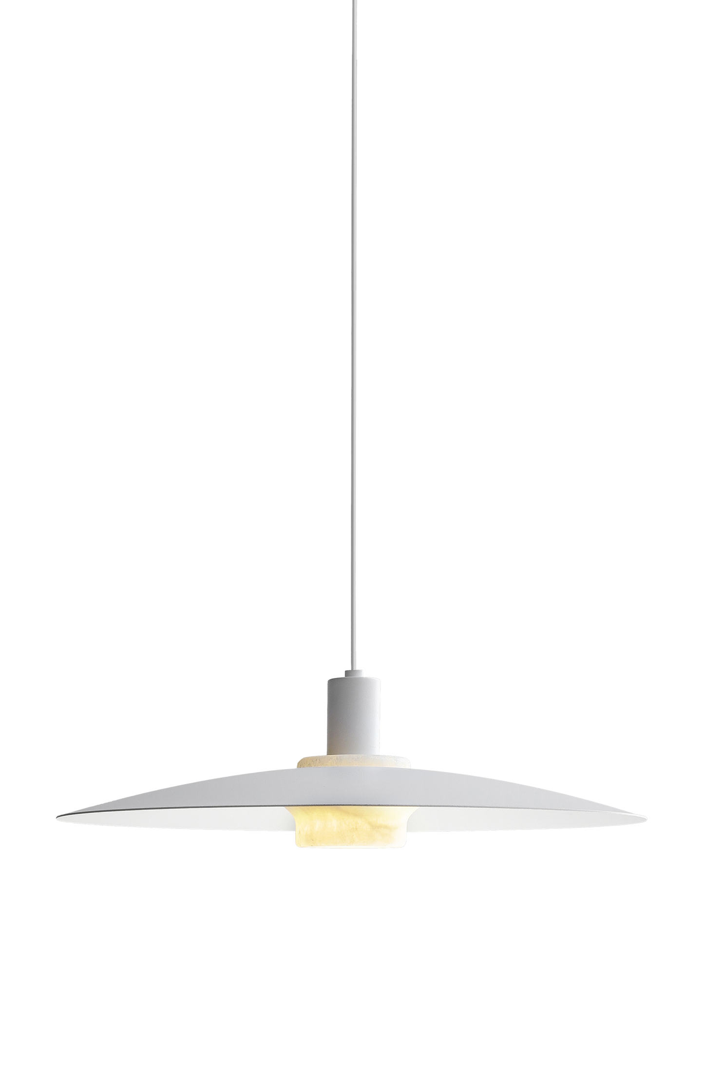 White pendant lamp with wide disk shade and slim suspension cord, isolated on transparent background.