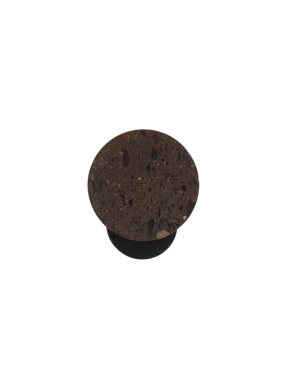 A light fixture featuring a textured, dark terrazzo stone shade mounted on a black circular base.
