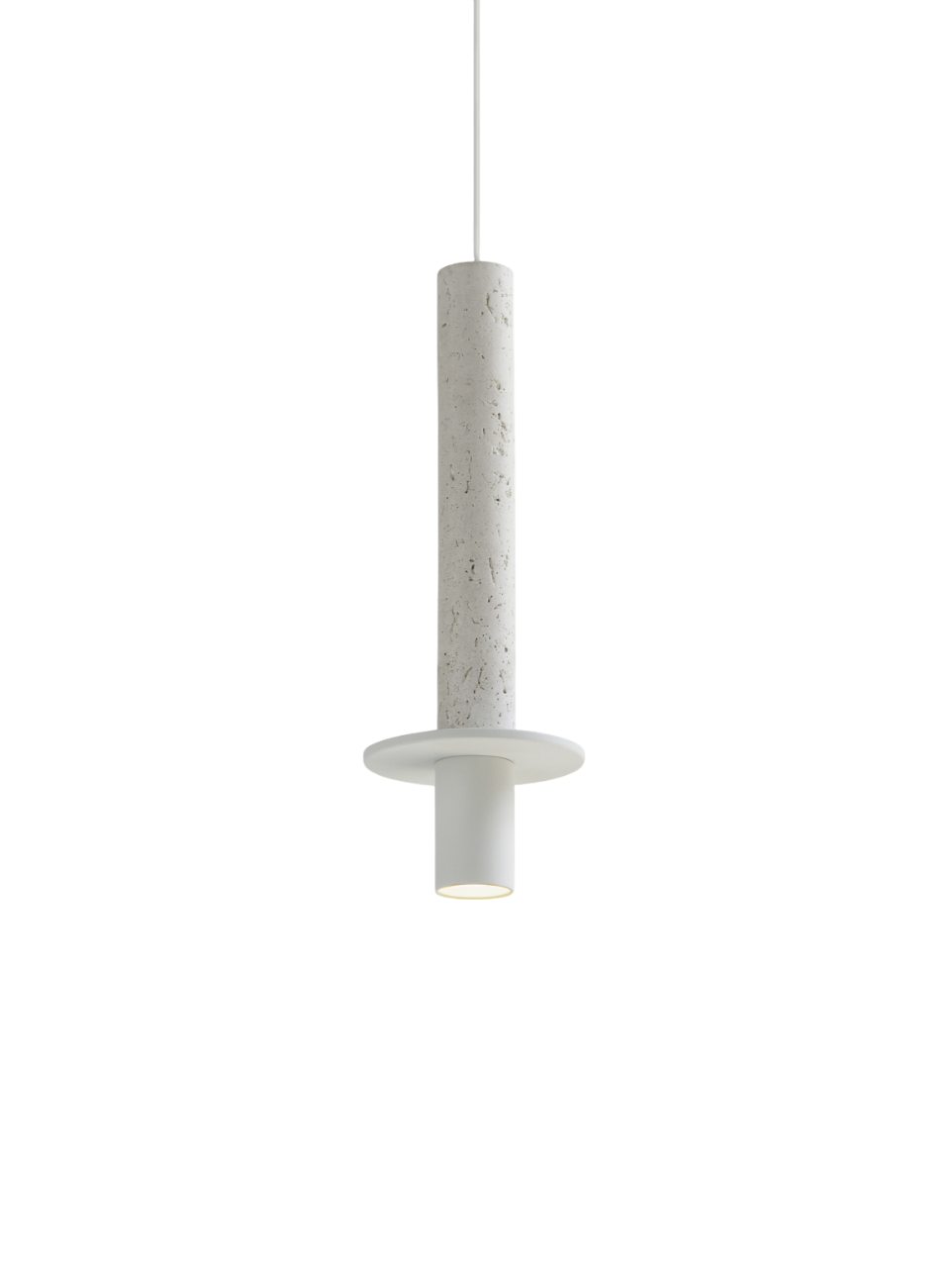 A white pendant light with a textured stone body and a white metal base, designed for minimalist interiors.