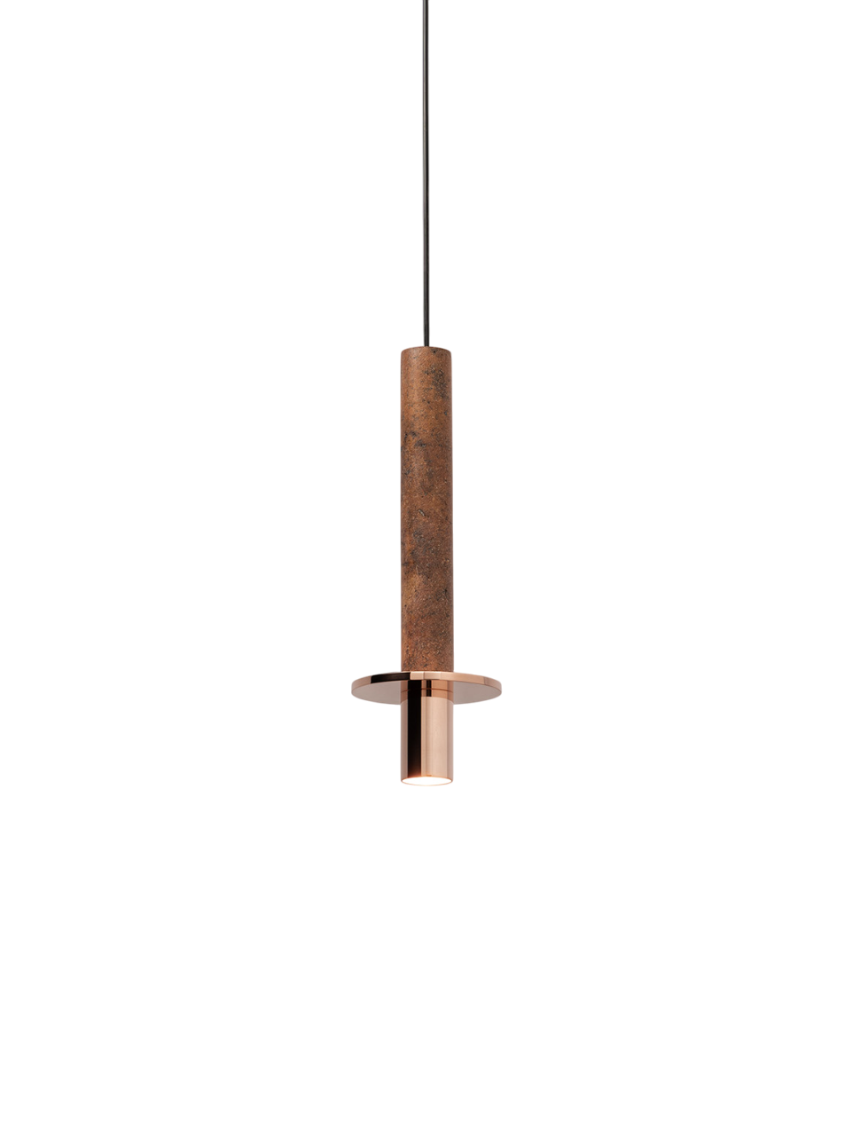 A hanging light fixture with a cylindrical cork body and copper accents, showcasing a minimalist design.