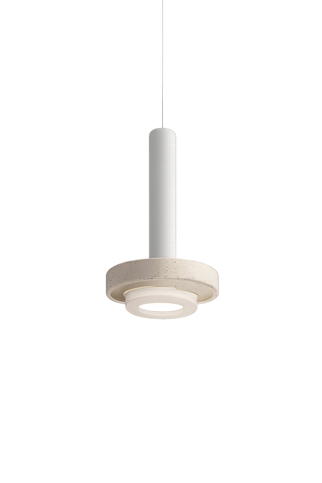 A minimalist pendant light with a white cylindrical stem and a smooth circular base, glowing with soft, ambient light.