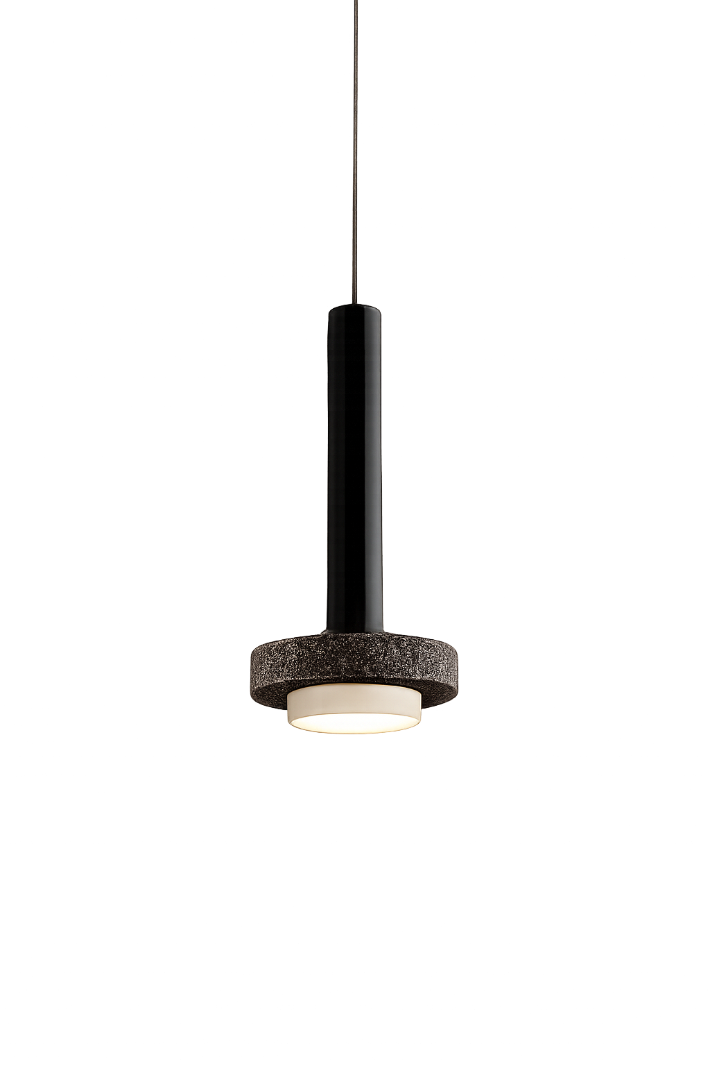 A pendant light featuring a black cylindrical stem and a textured circular base, emitting soft, diffused light from below.
