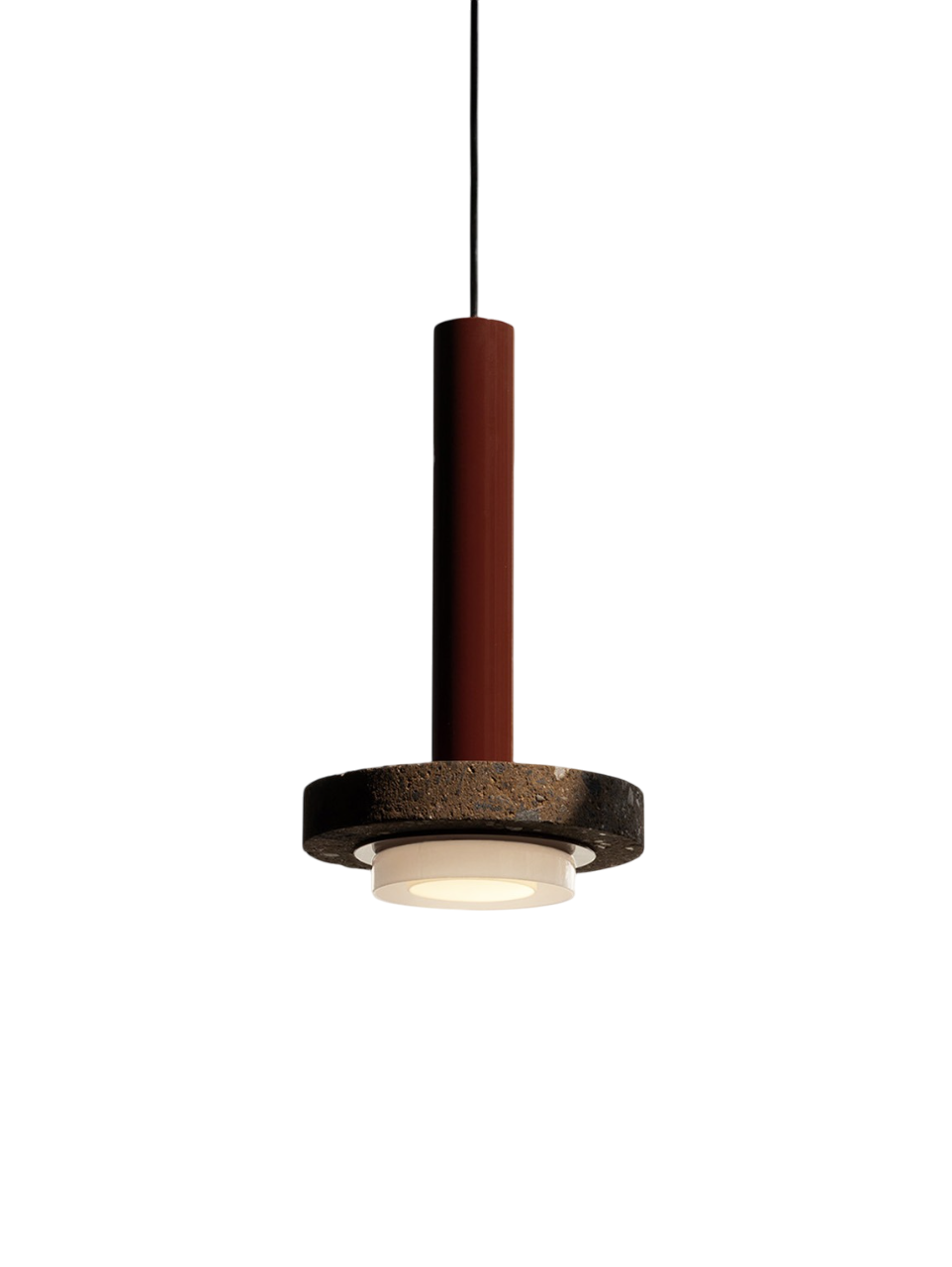 A hanging pendant light with a reddish-brown cylindrical stem and a textured circular base, softly illuminating its surroundings.
