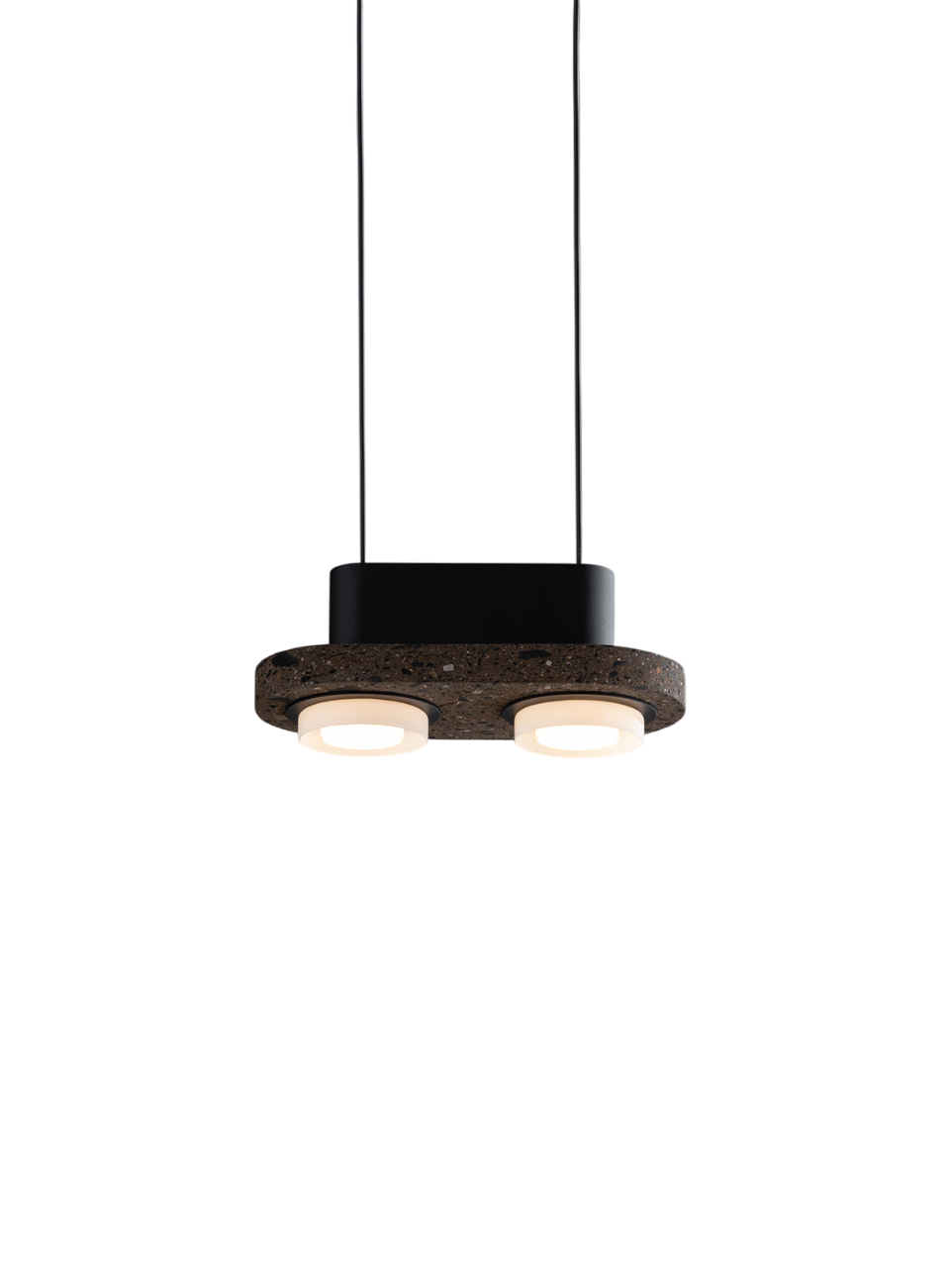 Pendant light with two round LED bulbs and a concrete base, featuring a black metal housing.