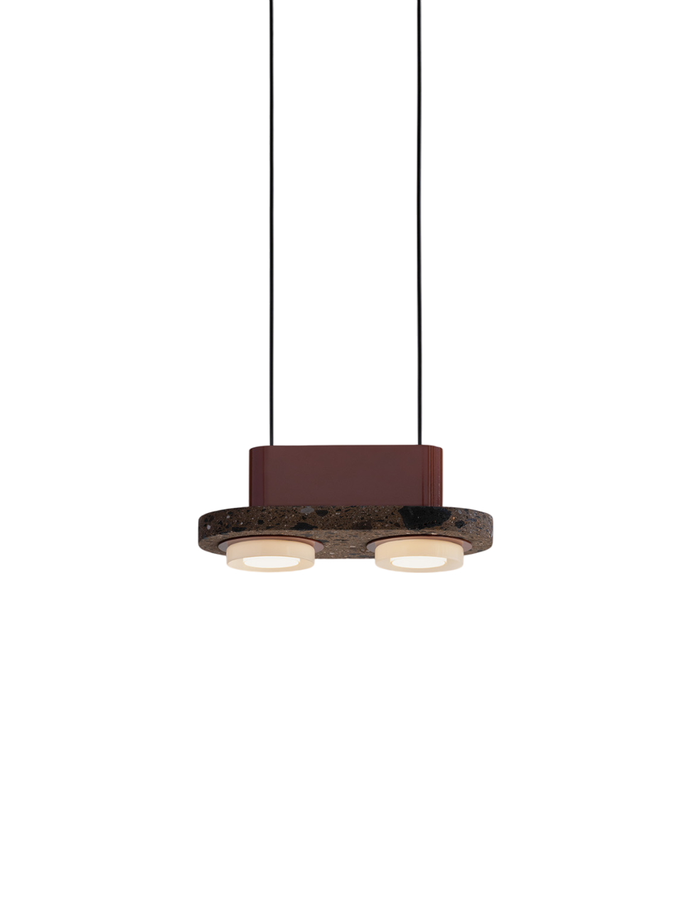 Pendant light with two round LED bulbs and a concrete base, featuring a dark brown metal housing.