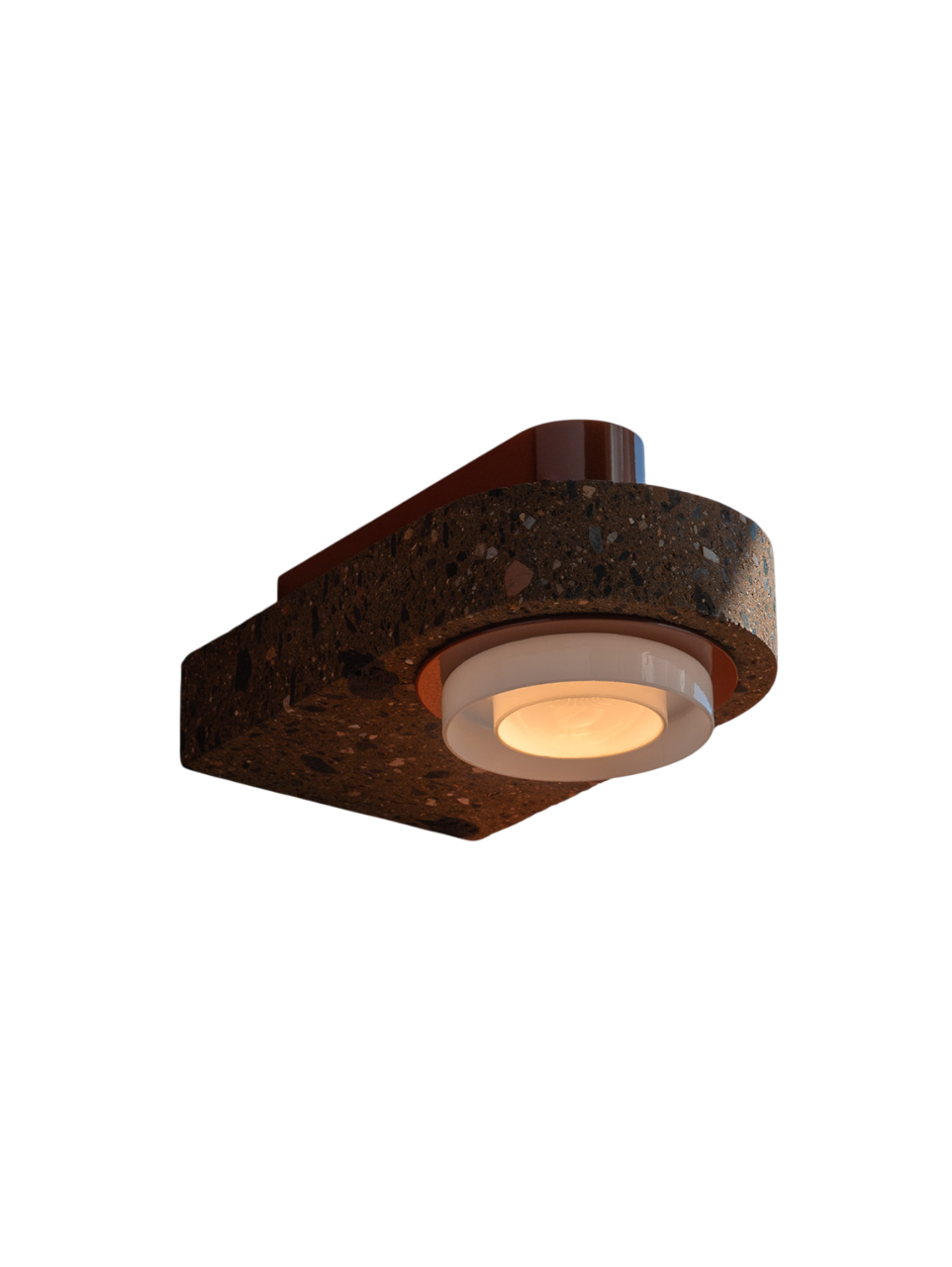 Close-up of a red pendant light with a textured concrete base and a round LED bulb.