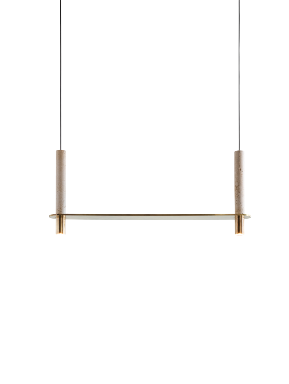 Slim horizontal brass pendant light suspended by two black cables, with cylindrical stone-like supports at each end and integrated downlights.