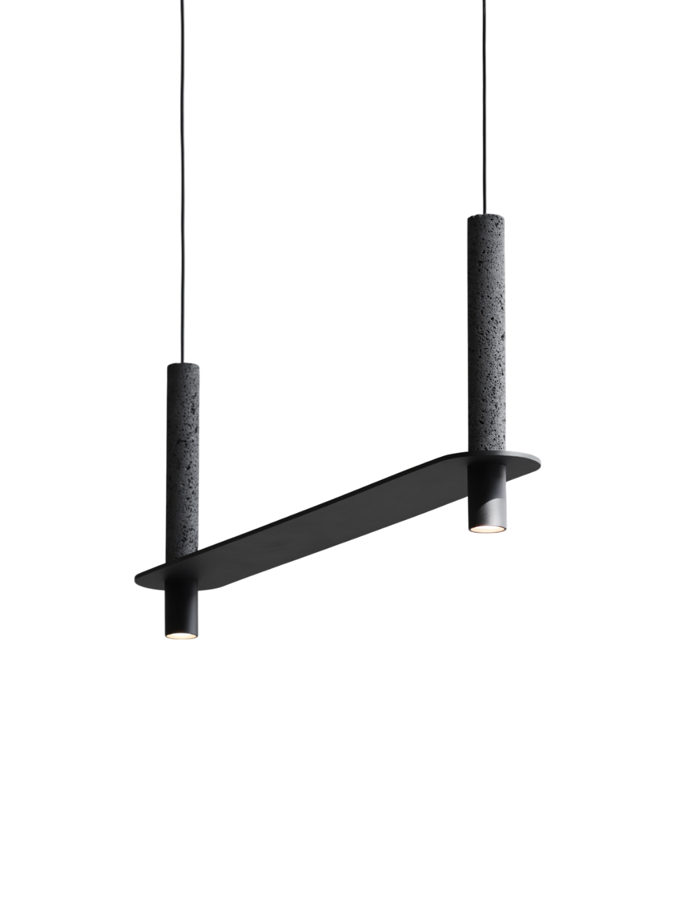Compact black pendant light with two stone-like cylindrical supports and downlights on a slim horizontal bar.