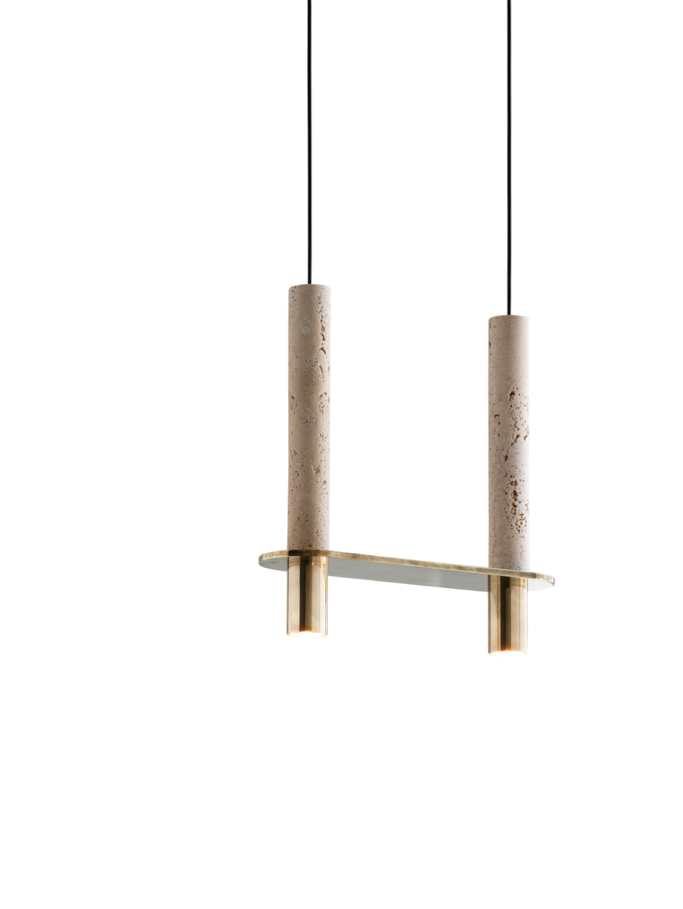 Compact brass pendant light with two stone-like cylindrical supports and downlights, connected by a short brass bar.