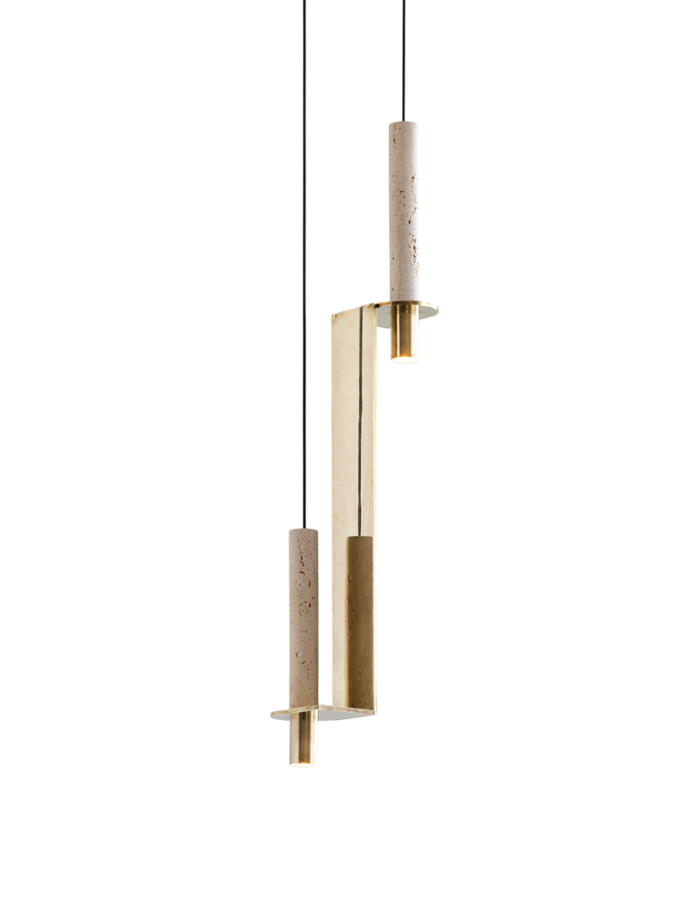 Vertical brass pendant light with two cylindrical stone-like supports and integrated downlights, suspended by thin black cables.