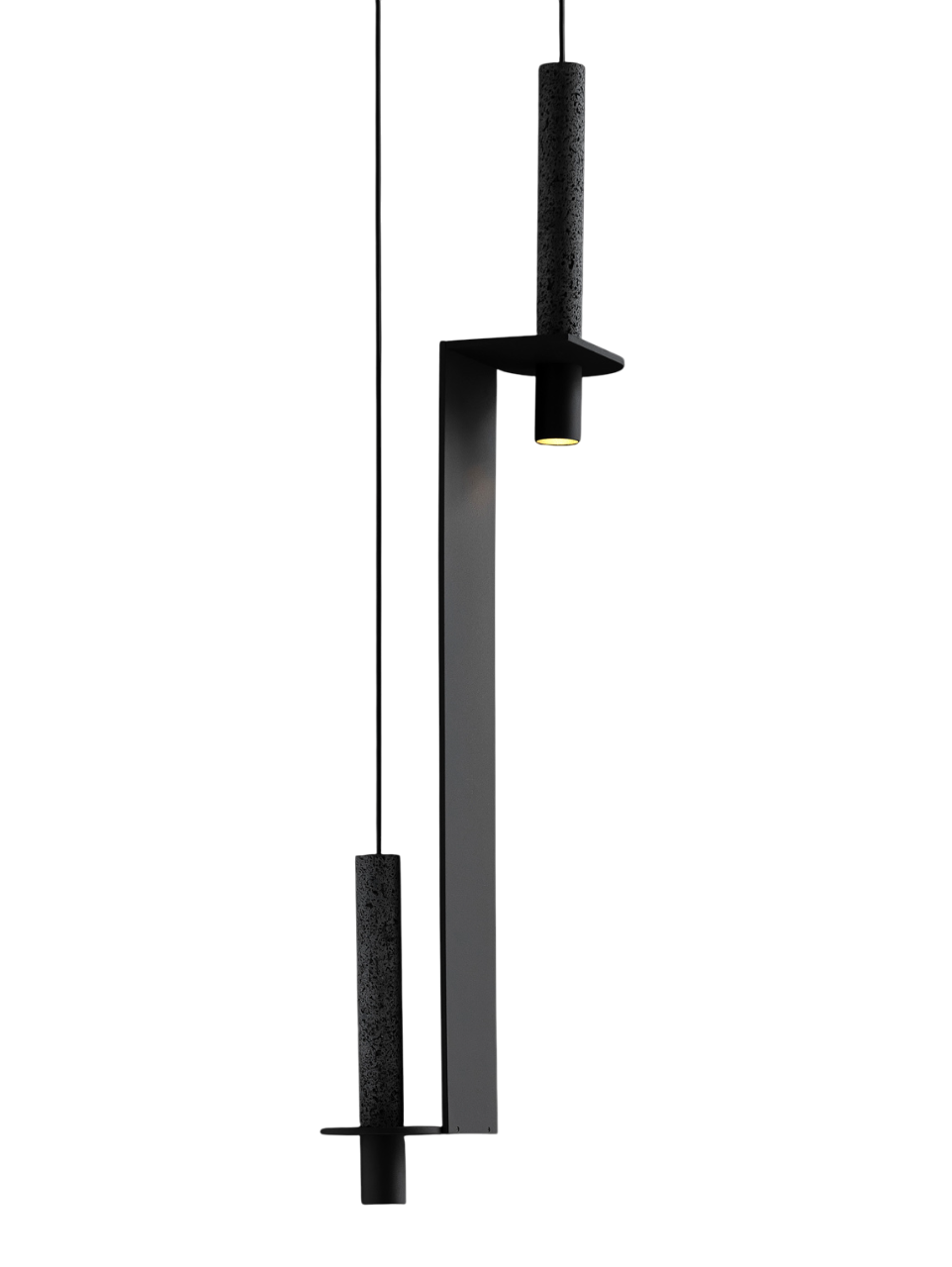 Vertical black pendant lighting element with two stone-like cylindrical supports and a slim rectangular plate.