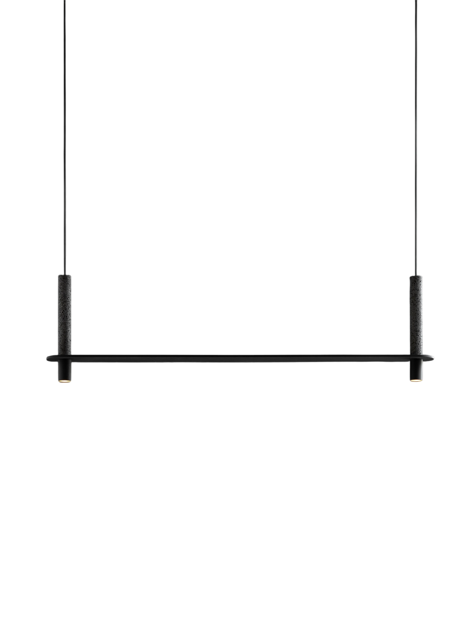 Linear black pendant light with two cylindrical supports and integrated downlights at both ends.