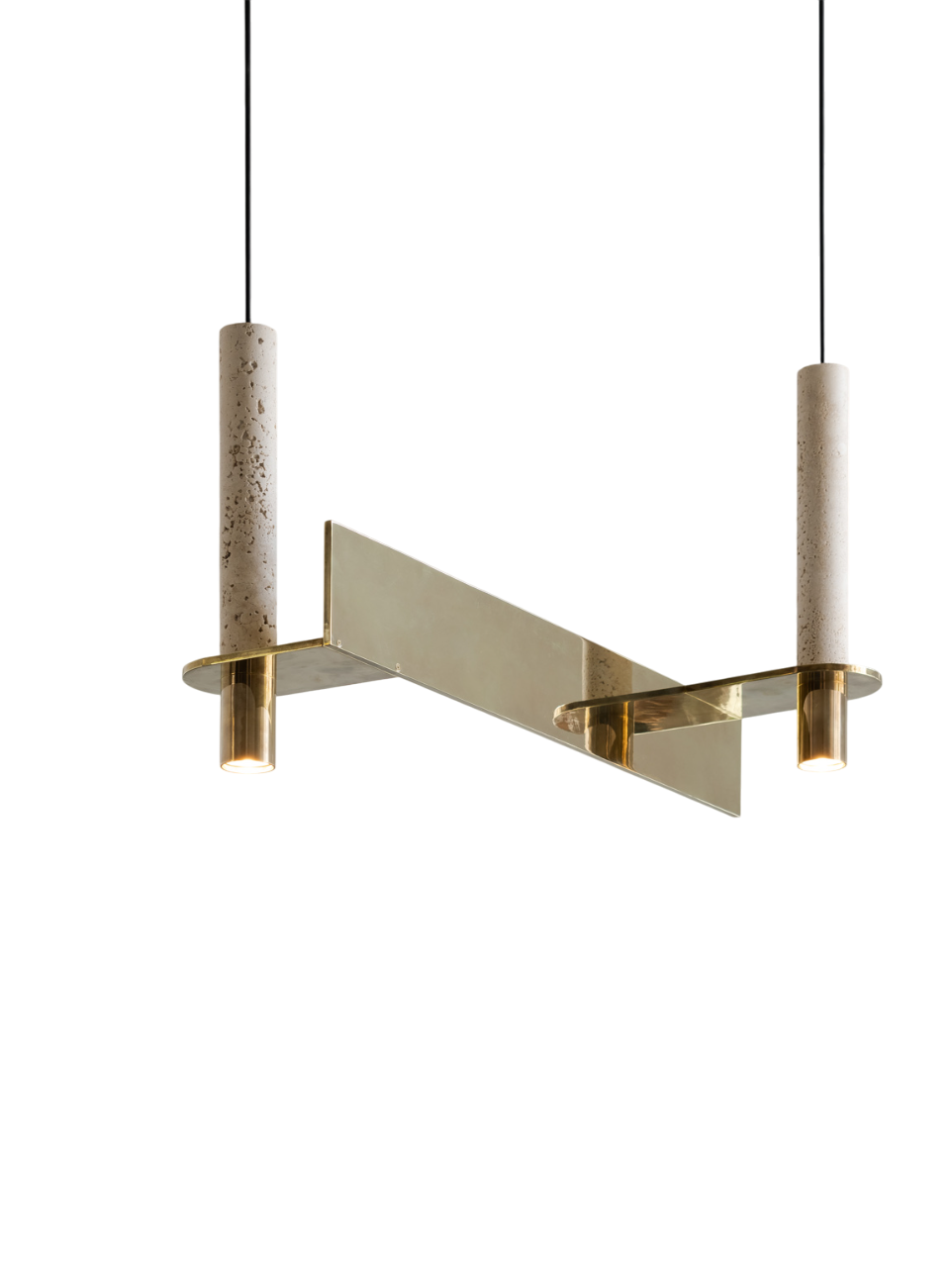 Horizontal brass pendant light with two cylindrical stone-like supports and downlights, designed with a central angled brass plate.