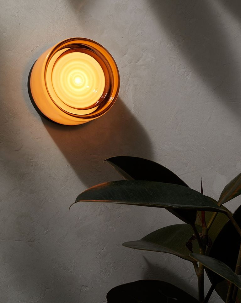 Round amber glass light fixture on a white wall with a plant in the foreground