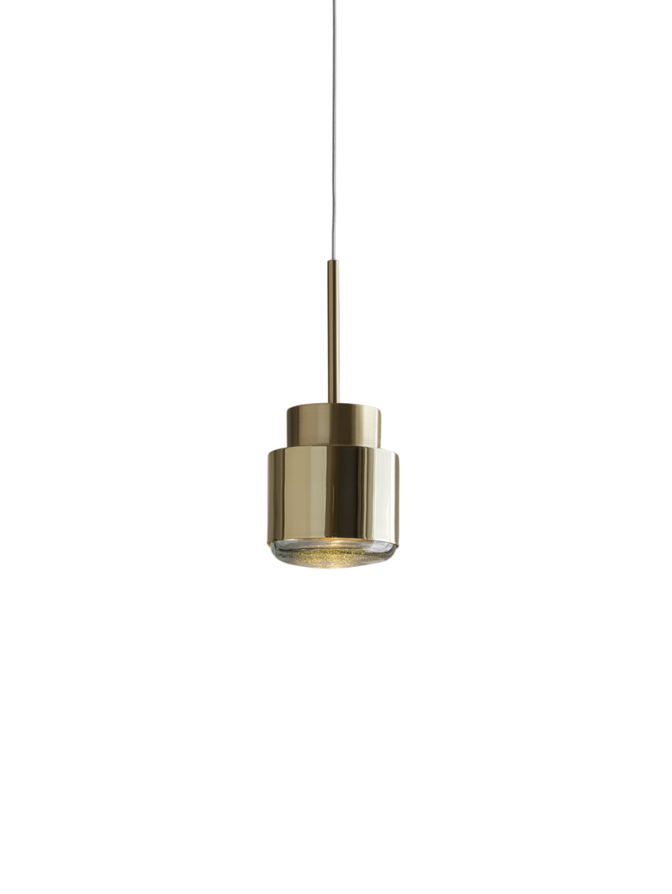 A photo studio of a pendant lamp with polished brass finish.