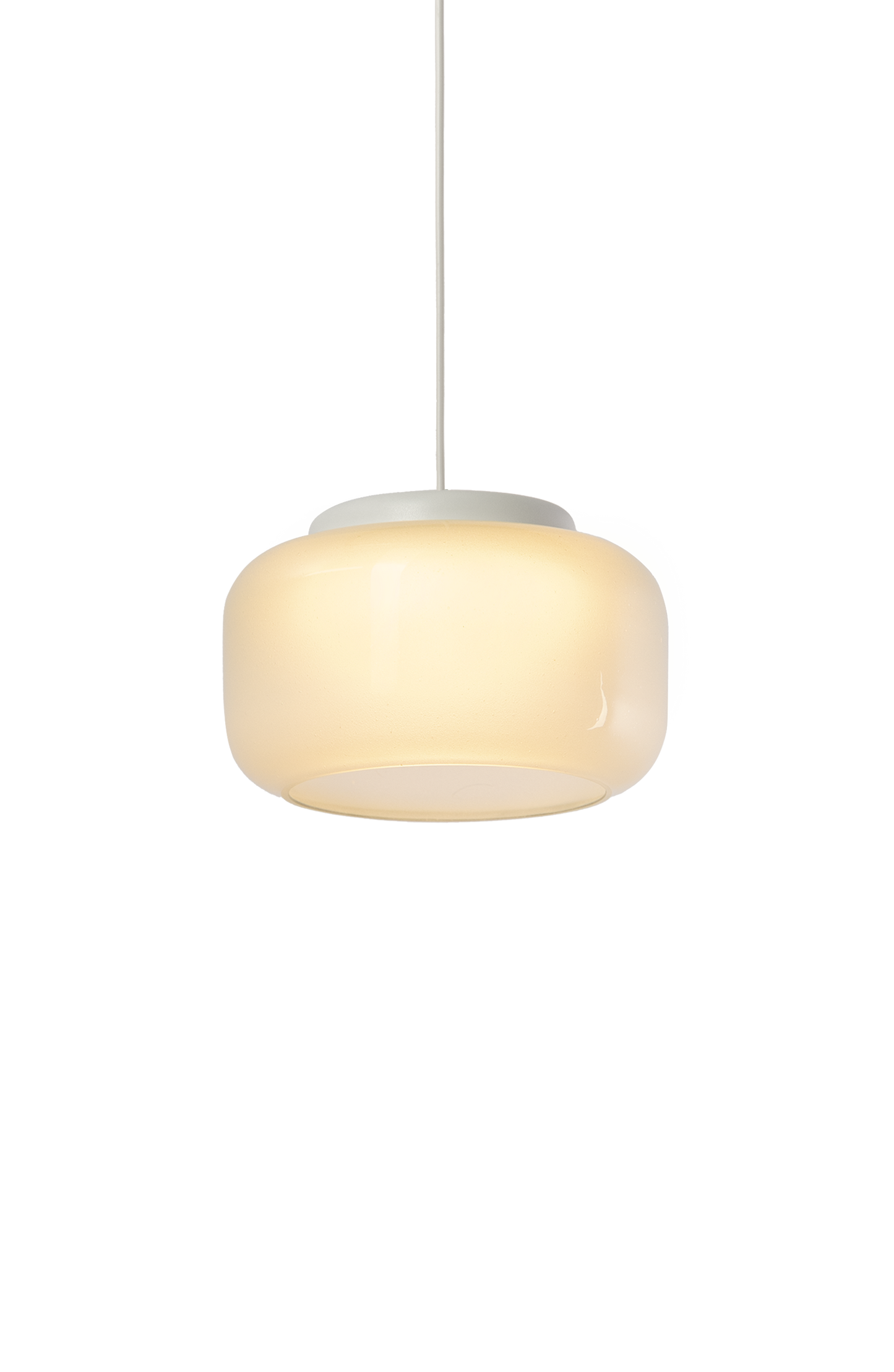 Rounded pendant lamp with a smooth opaque glass shade and white top, suspended by a cord.