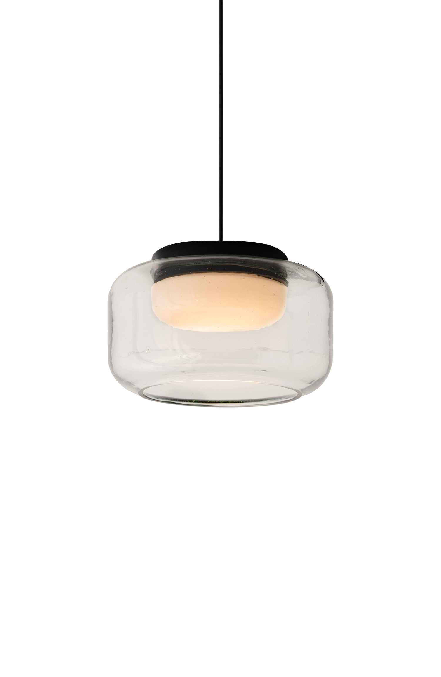 Clear glass pendant light with a black top, glowing softly at the center.