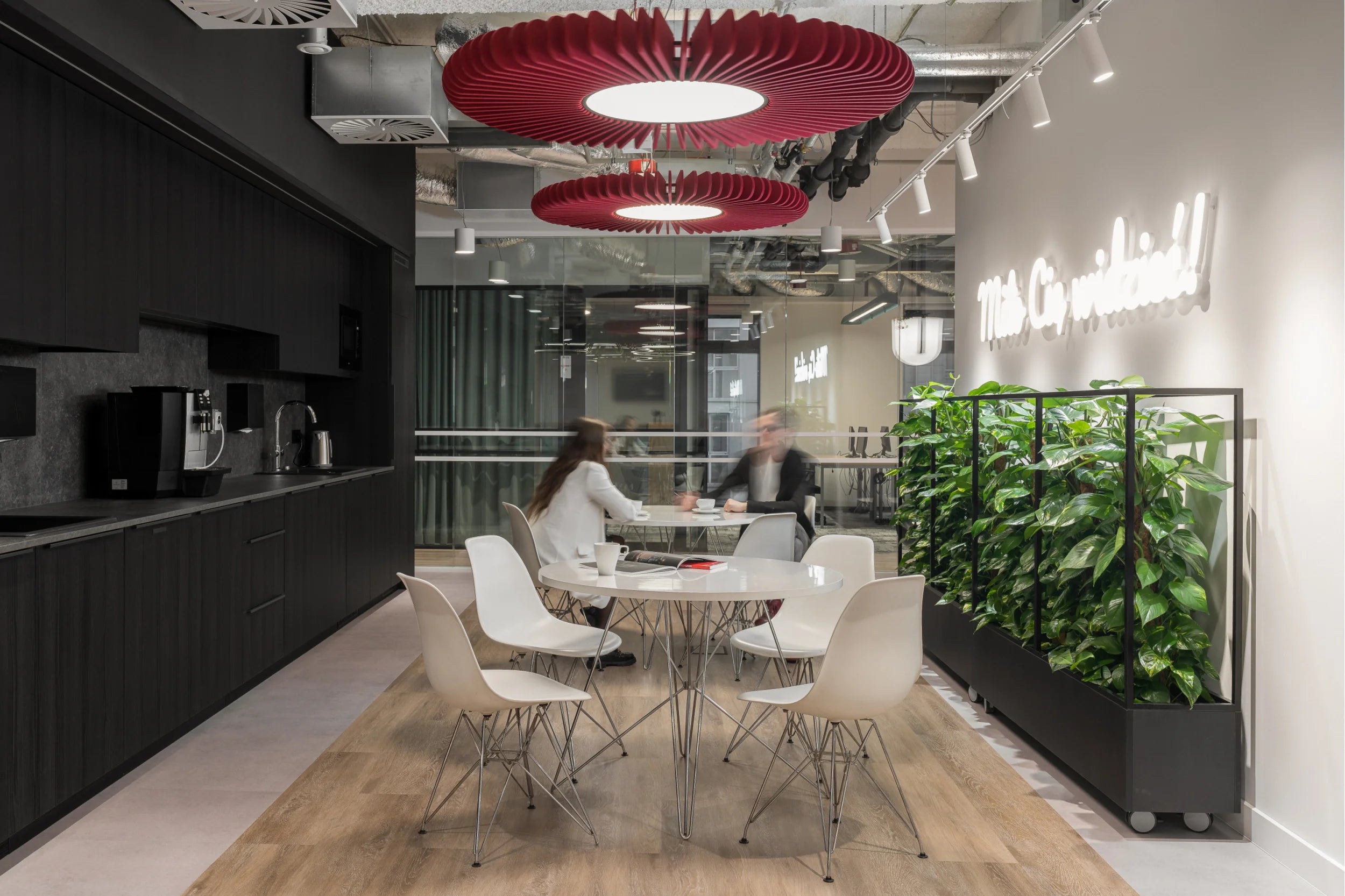 Flexxica Sol acoustic pendant lights in an office by Trzop Architekci