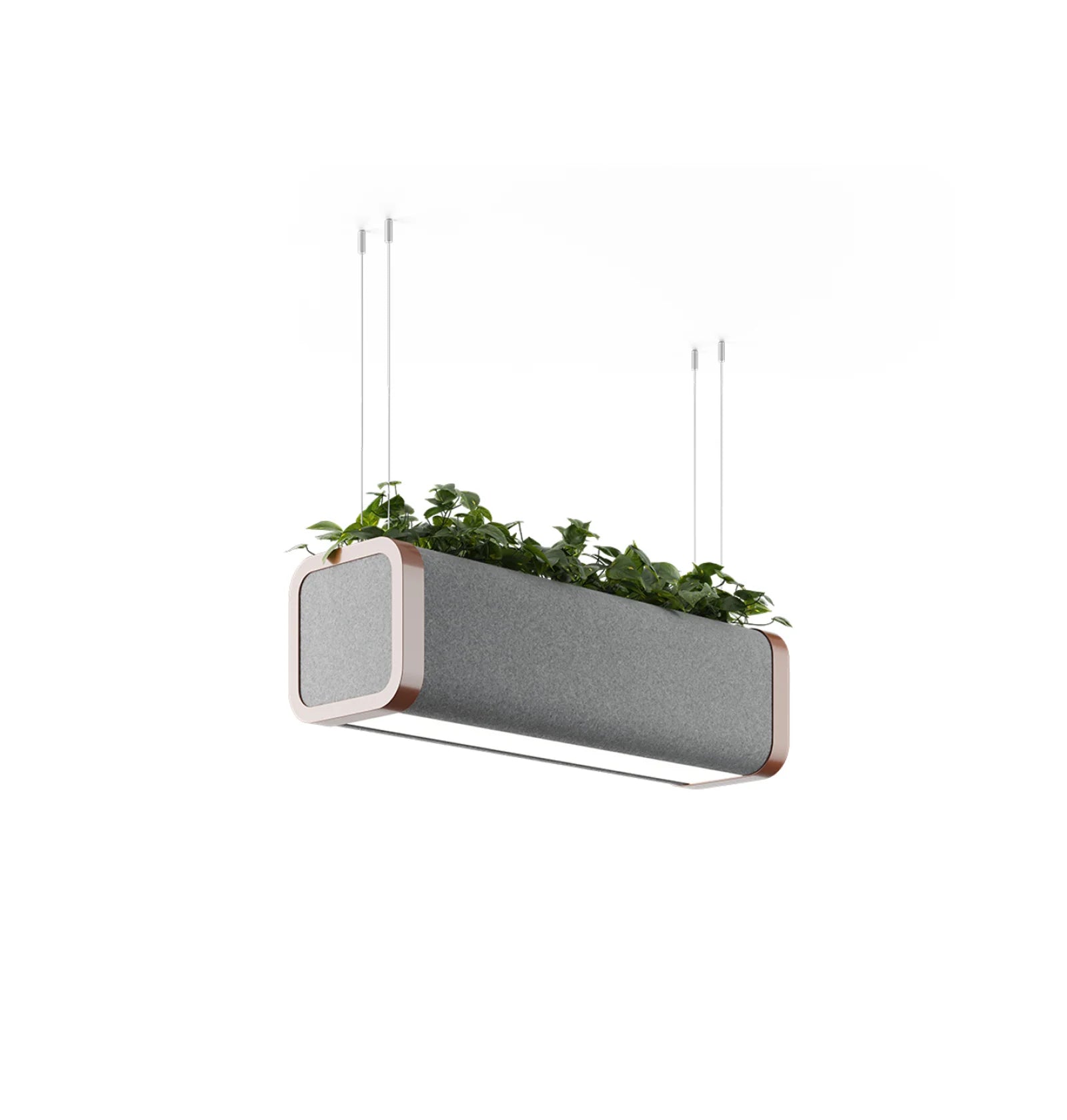 Flexxica Gaya acoustic pendant light with planter, grey fabric panels and copper frame