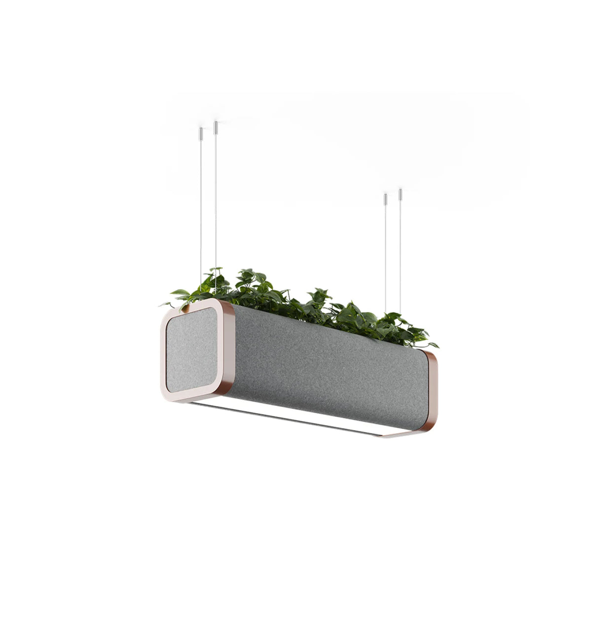 Flexxica Gaya acoustic pendant light with planter, grey fabric panels and copper frame