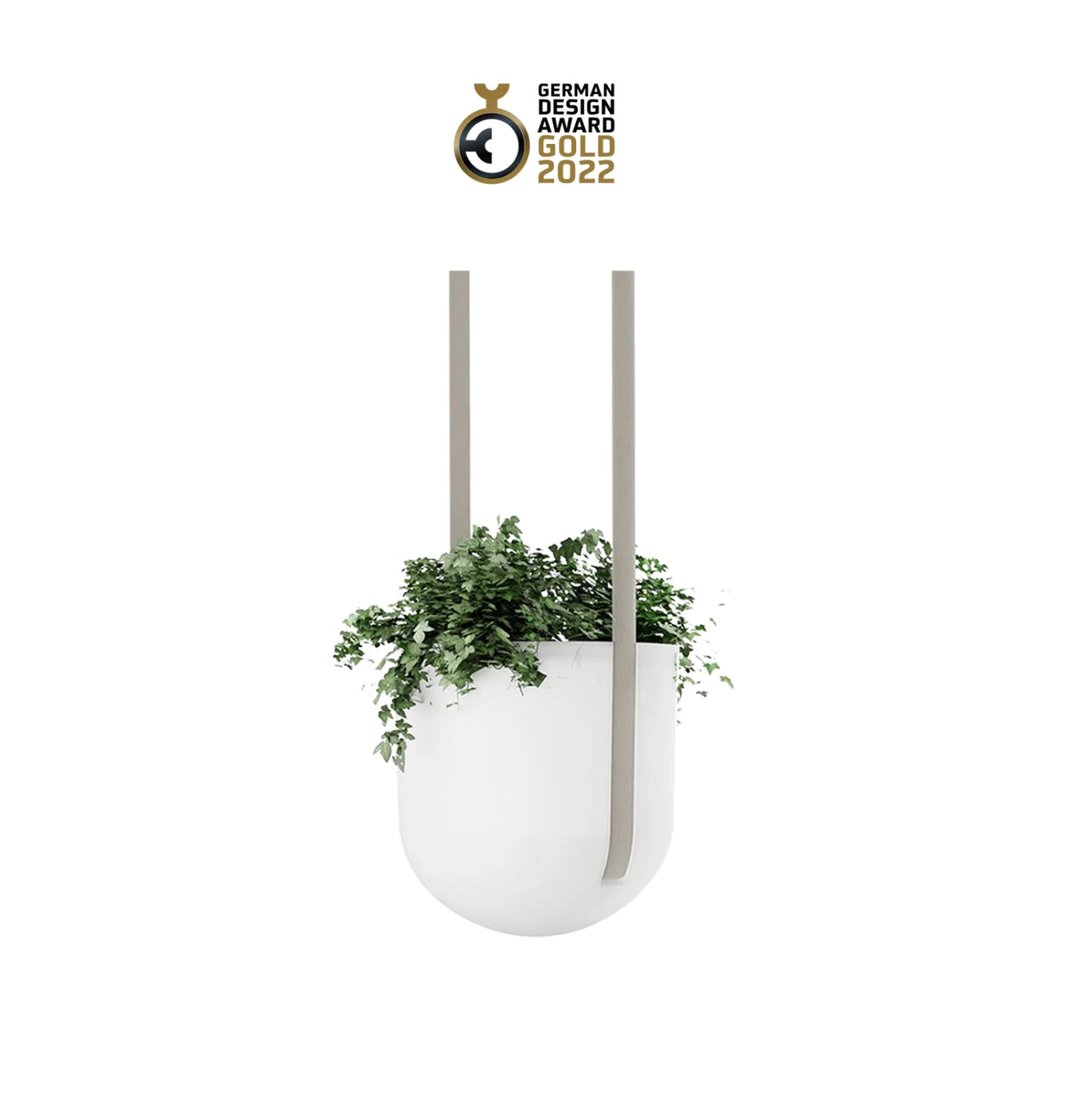 Flexxica Jungle white pendant light and plant pot with trailing plant, hung on fabric bands